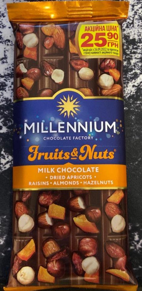 Фото - Шоколад молочный с миндалем цельными лесными орехами курагой и изюмом Millennium