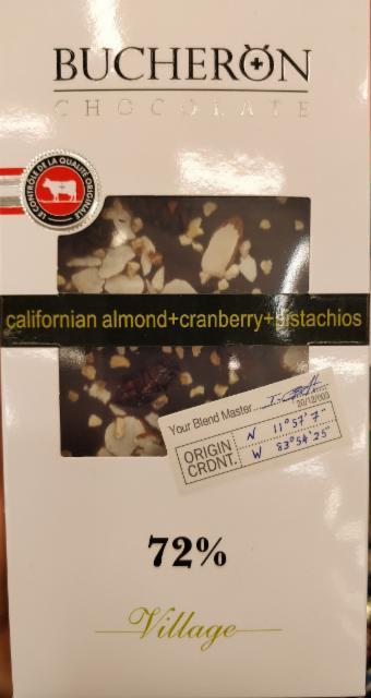 Фото - Шоколад chocolate californian almond+cranberry+pistachios с Миндалем, Клюквой и Фисташками 72% Bucheron
