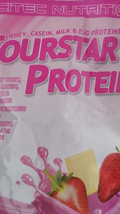 Фото - протеин комплексный с кусочками фруктов клубника белый шоколад Fourstar Protein Scitec Nutrition