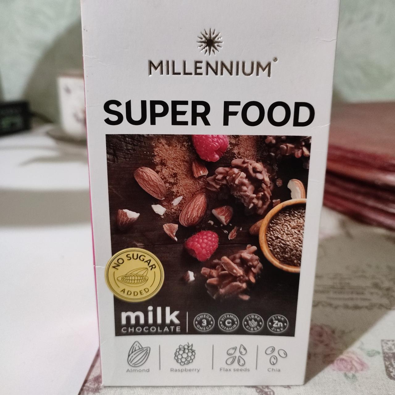 Фото - Конфеты шоколадные молочные с миндалем малиной льном и чиа SuperFood Millennium