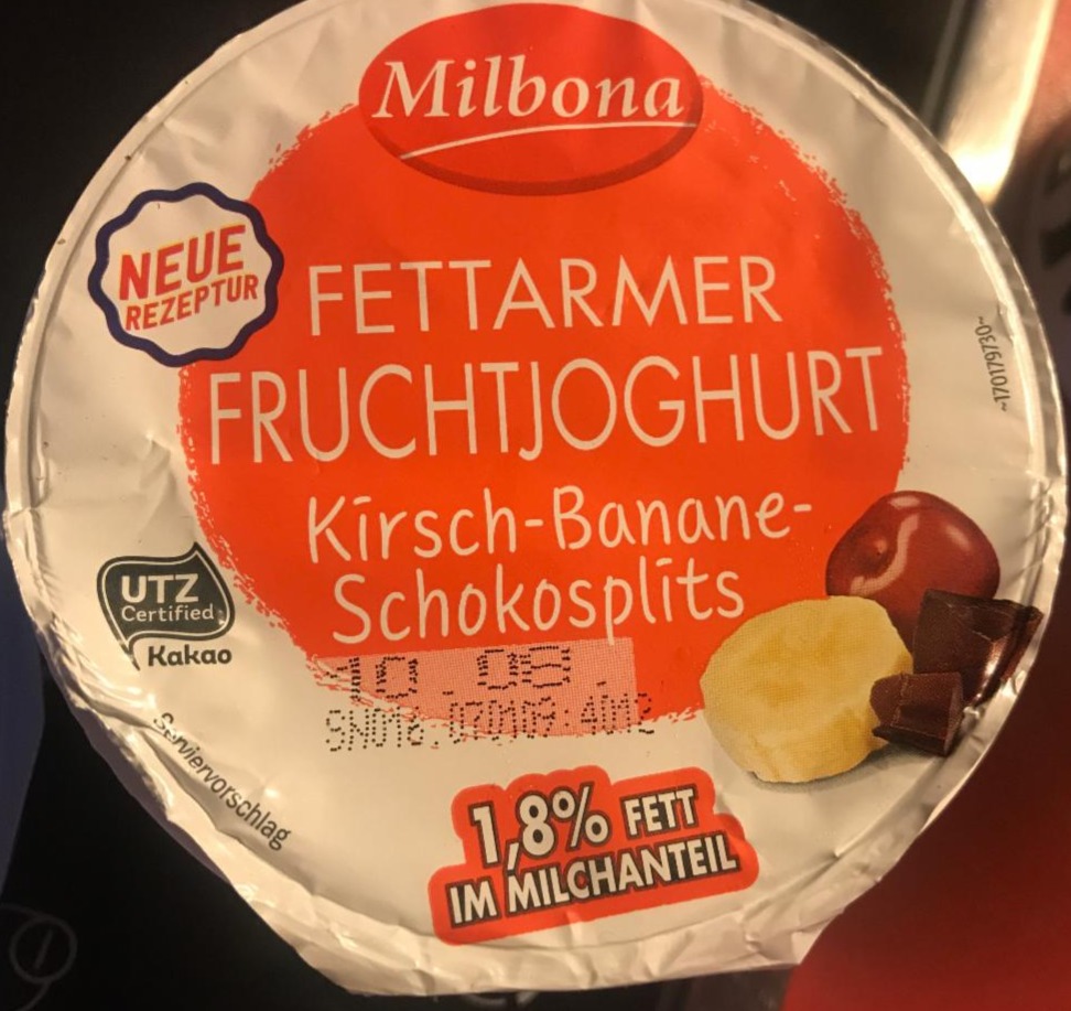 Фото - йогурт обезжиренный 1.8% Fettarmer Fruchtjoghurt kirsch banane Milbona