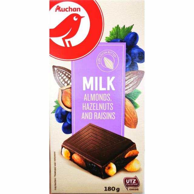 Фото - Шоколад молочный с целым жаренным миндалем, лесными орехами и изюмом Ашан Auchan