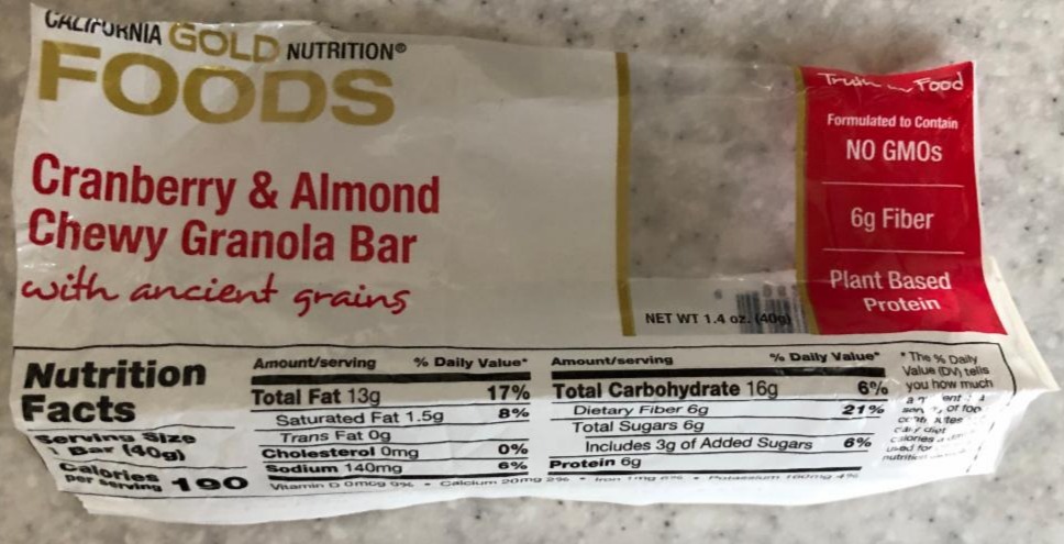 Фото - протеиновый батончик FOODS Granberry&Almond chewy granola bar California Gold Nutrition
