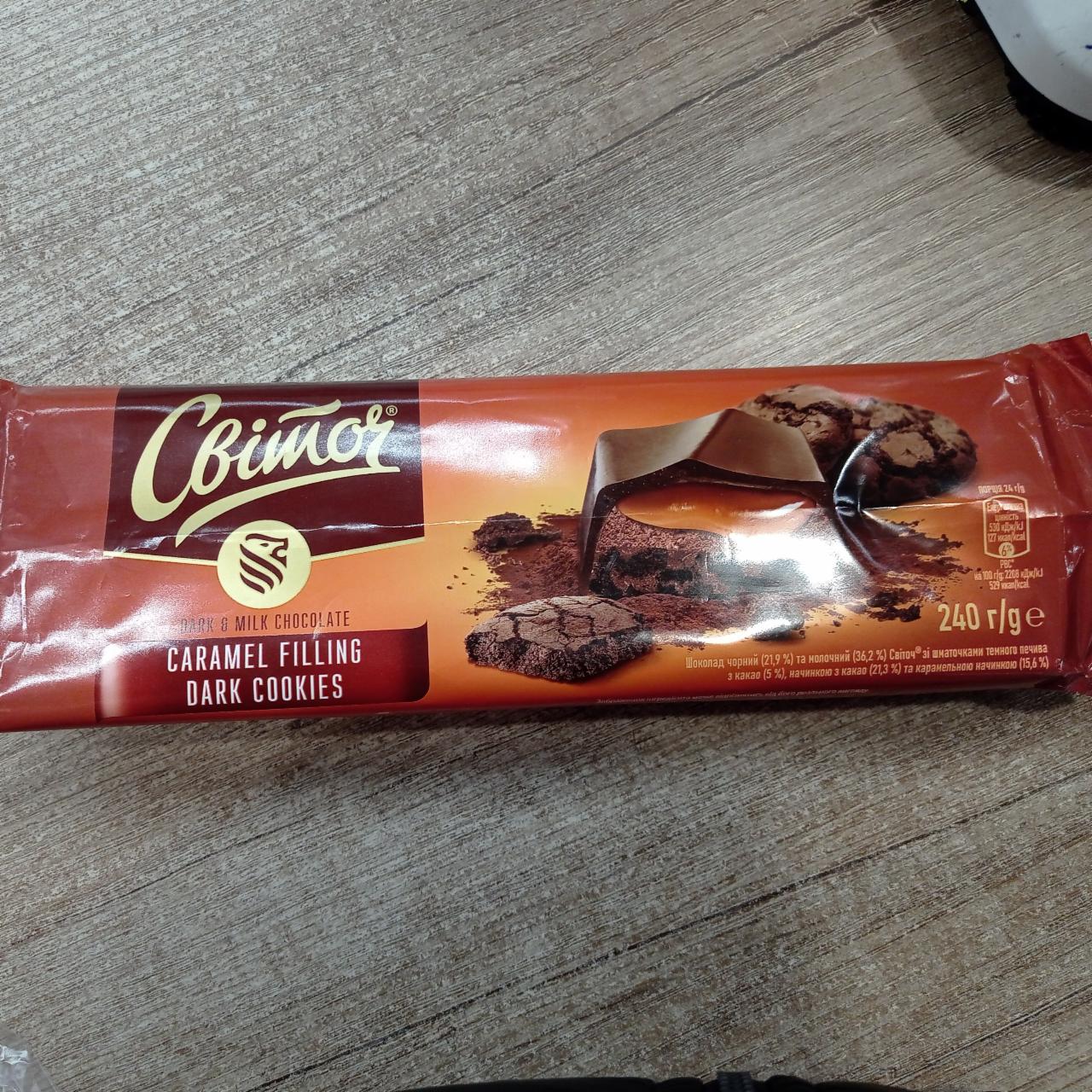 Фото - Шоколад черный и молочный с кусочками темного печенья с какао и карамелью Свиточ