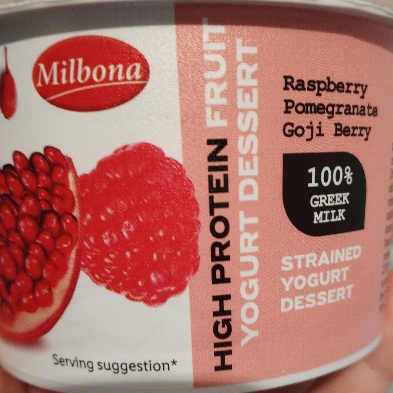 Фото - High protein fruit yogurt dessert raspberry pomegranate goji berry Milbona