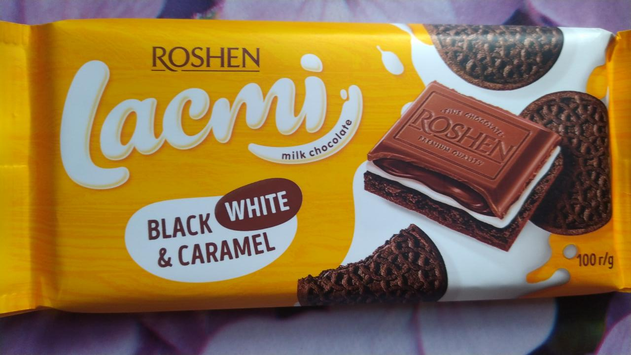 Фото - Шоколад молочный Lacmi Black White Caramel с молочной начинкой, карамель, печенье с какао Roshen