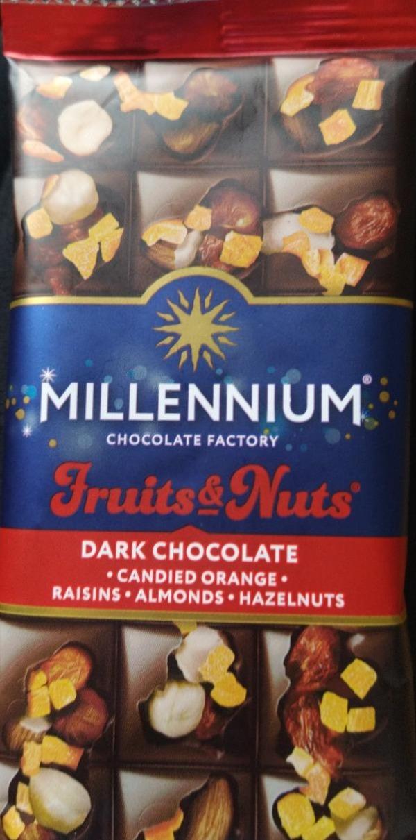 Фото - Шоколад чёрный темный Fruits&Nuts с миндалём, цельными лесными орехами, апельсиновыми цукатами и изюмом Millennium